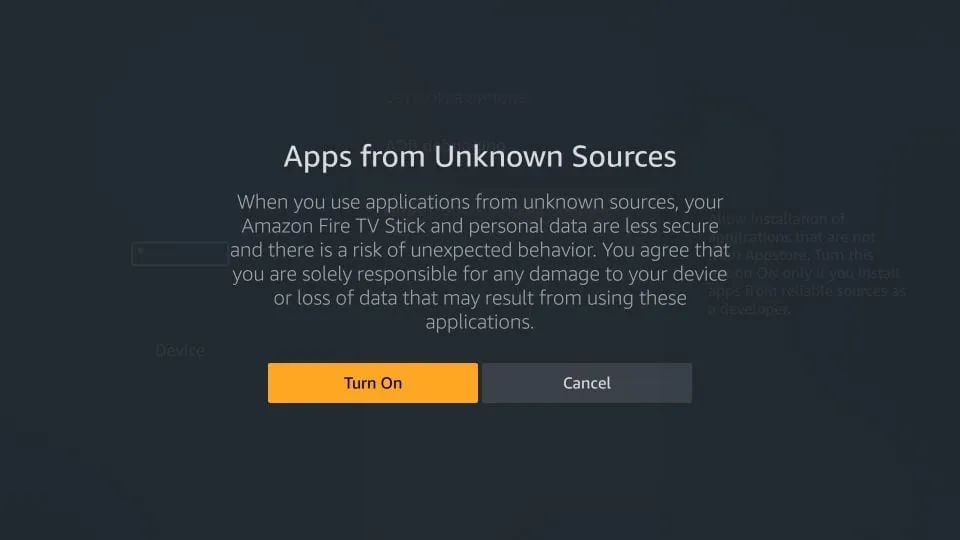 Confirm turning on Unknown Sources on Firestick